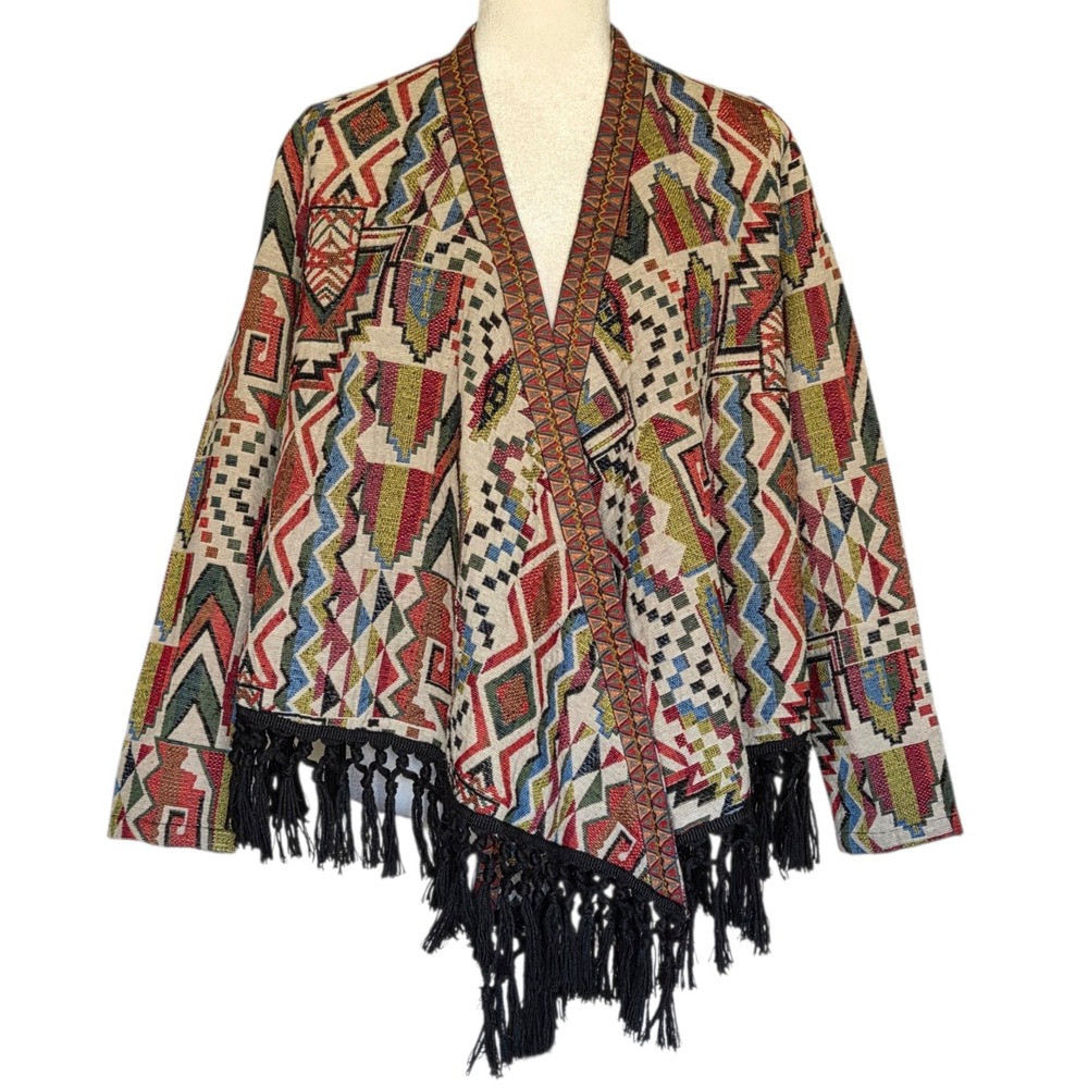 Ryu Southwestern‎ Tapestry Fringe Jacket Womens S Boho Festival Open Front